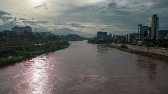 Ein breiter Fluss mit zahlreichen Gebäuden und Pflanzen an seinen Ufern.