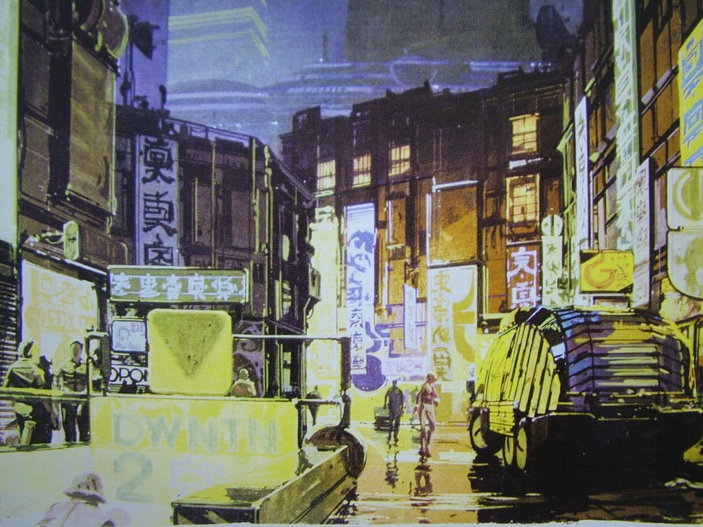 Ein bearbeitetes Bild, das eine belebte städtische Szene mit Menschen, Fahrzeugen, Gebäuden, Plakaten, Text, einer Straße, Fenstern, Schildern, einer U-Bahn und Lichtern zeigt.