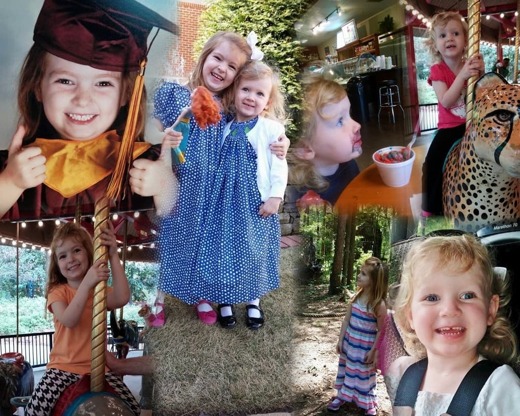 Eine Collage mit Vergnügungspark-Fahrgeschäften, einem Tisch mit Essensartikeln einschließlich eines Bechers und Löffels, verschiedenen Gegenständen, Lichtern, einer Wand, Büschen, Bäumen, Gras, einem Seil und einem Hut.