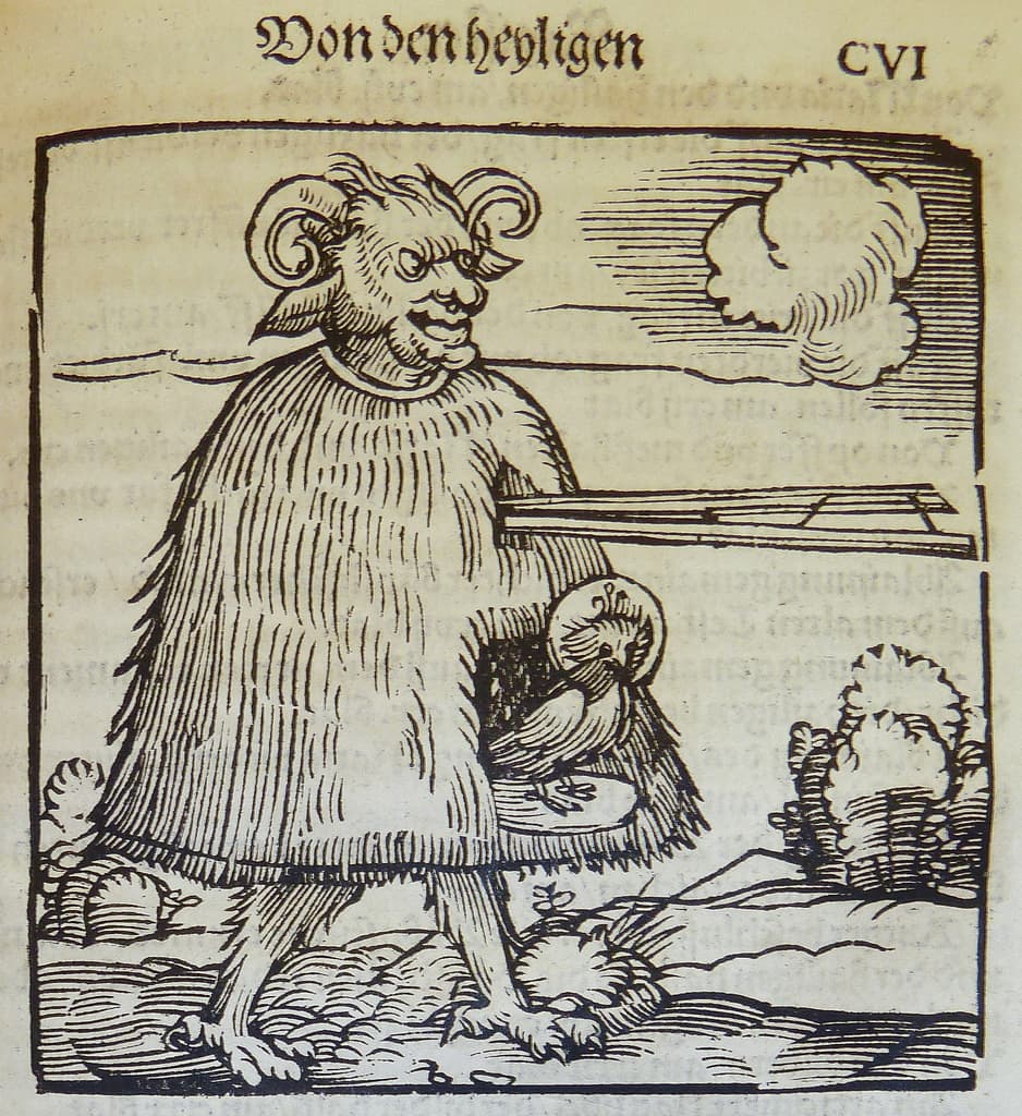 Ein Druck auf Papier mit einem Tier, Bäumen und Text.