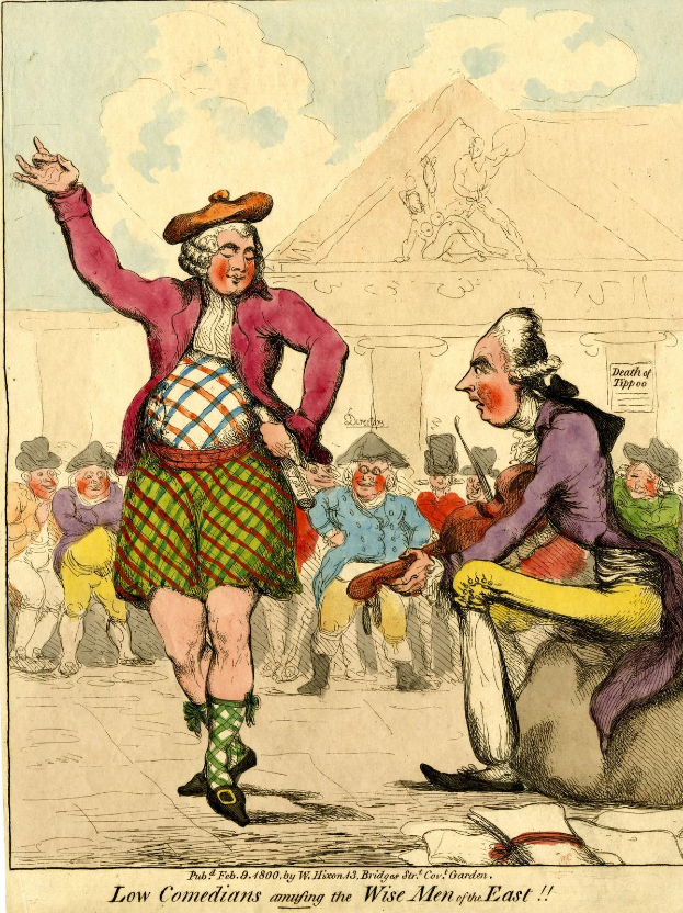 Karikatur eines Mannes in einem Kilt und einer Frau in einem Kleid, die vor einem Publikum vor einem Gebäude unter einem bewölkten Himmel auftreten, mit der Unterschrift "Niedrige Komiker amüsieren die weisen Männer des Ostens" unten.