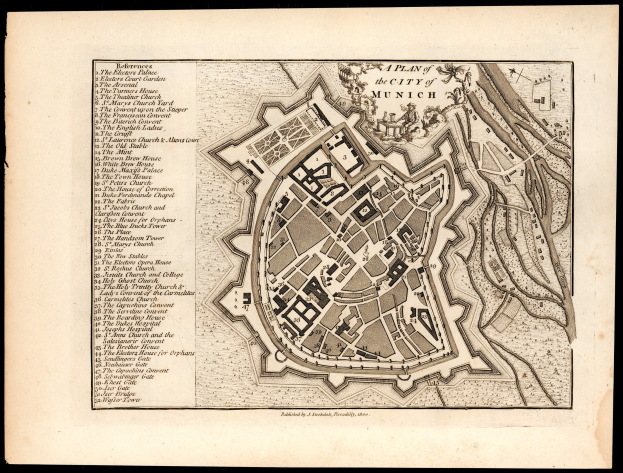 Ein altes Stadtplan von München, Deutschland, mit einem schwarzen Hintergrund, der Straßen, Gebäude und Sehenswürdigkeiten zeigt, zusammen mit Texten, die zusätzliche Informationen bereitstellen.