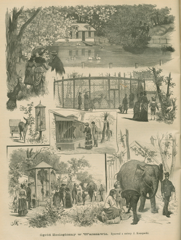 Alte Buchillustration mit Menschen und Tieren in einem Zoogelände, umgeben von Bäumen, Häusern, einem Zaun und anderen Gegenständen, mit Text unten.