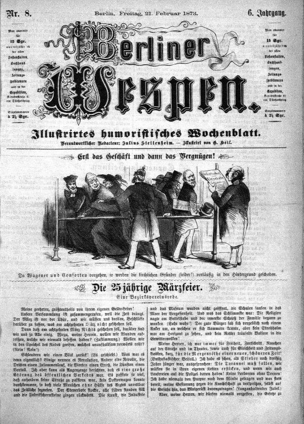 Alte deutsche Zeitung "Berliner Wespen" vom 21. Februar 1873 mit einer Gruppe von Menschen in traditioneller deutscher Tracht, die sich unterhalten, und deutscher Text, der das Ereignis beschreibt.