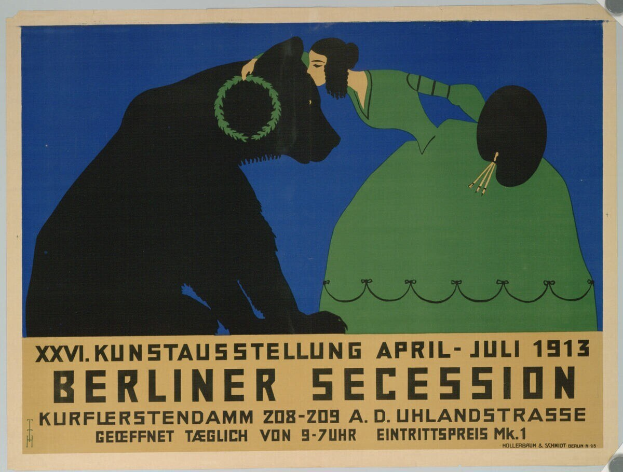Plakat für die Berliner Secession von 1913, das eine Frau und einen Hund mit Text zeigt.