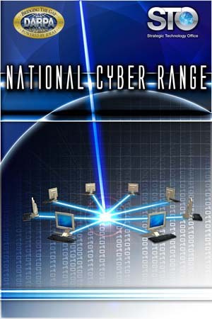 Plakat mit "National Cyber Range" in fetter weißer Schrift auf einem blauen Hintergrund, das eine Weltkugel mit mehreren angeschlossenen Computern zeigt.