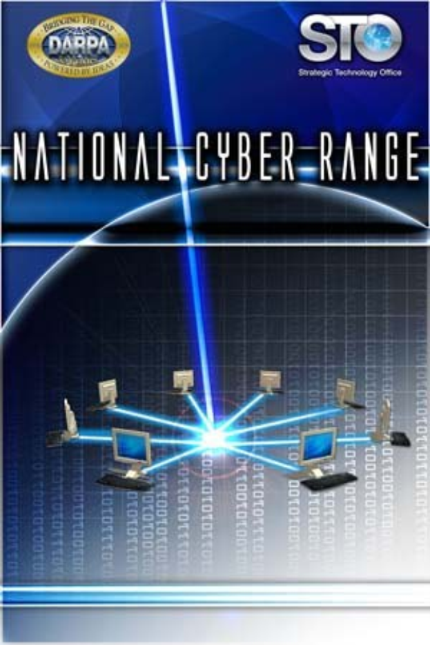 Plakat mit "National Cyber Range" in fetter weißer Schrift auf einem blauen Hintergrund, das eine Weltkugel mit mehreren angeschlossenen Computern zeigt.