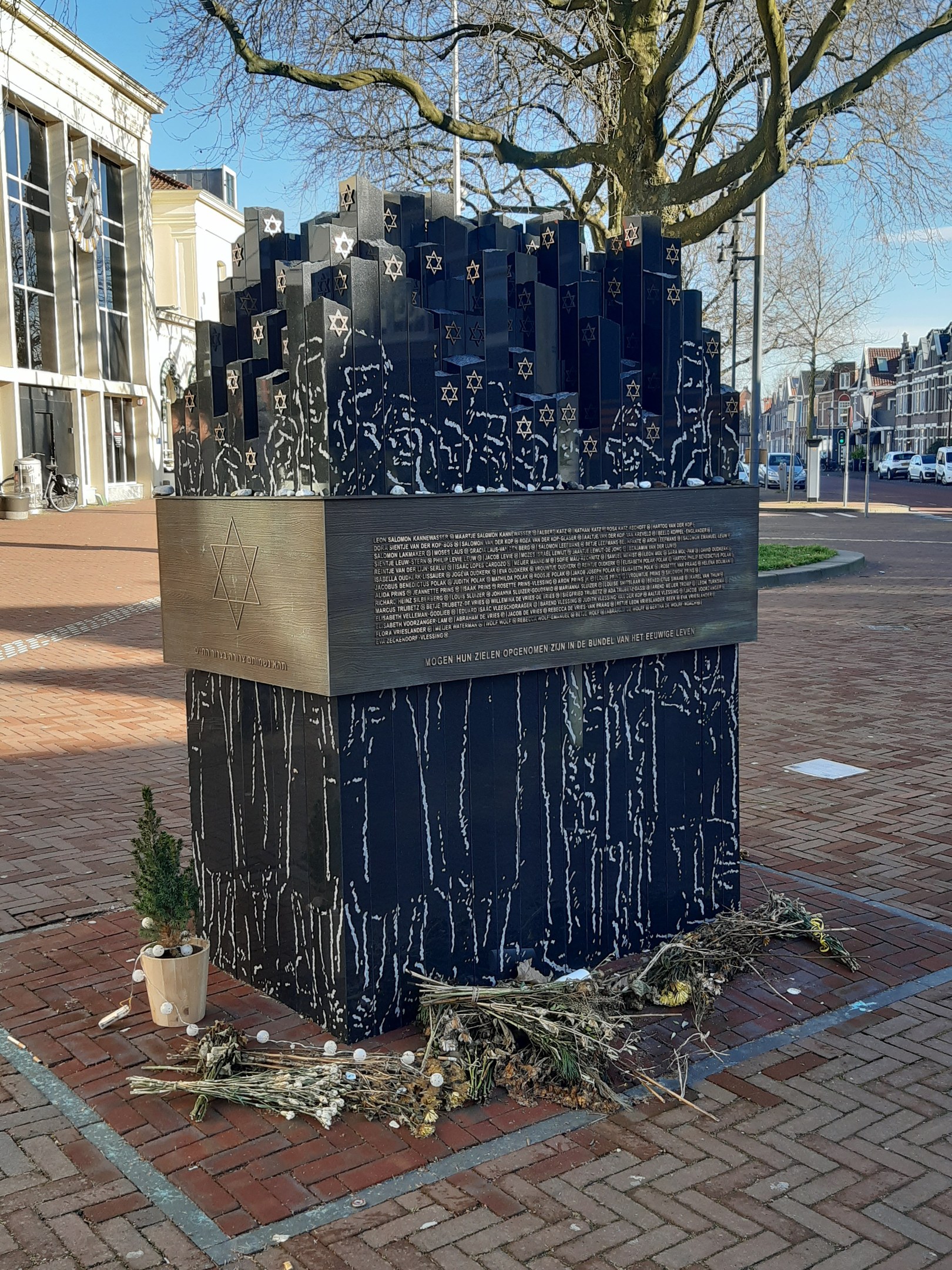 Denkmal für Holocaust-Opfer in einem Stadtplatz mit einem Baum, Topfpflanze, verstreuten Blättern und umgebenden urbanen Elementen.