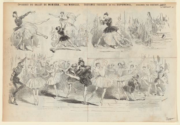 Eine Buchseite mit einer lebendigen Zeichnung einer Gruppe von Menschen, die im Einklang tanzen, mit begleitendem Text, der das Datum, die Uhrzeit und den Ort des Ereignisses angibt.