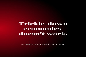 Plakat mit fettem schwarzem Text "Trickle-Down Economics Doesn't Work" auf weißem Hintergrund, umrandet von einem schmalen schwarzen Rahmen, begleitet von einem Zitat des Präsidenten Biden.