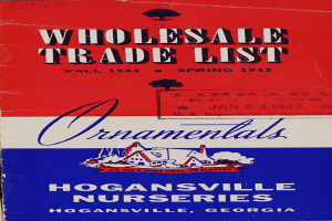 Ein rotes, weißes und blaues Buch mit dem Titel "Hogansville Nurseries Wholesale Trade List".