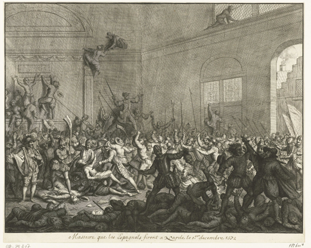 Schwarze und weiße Zeichnung einer vollen Menschenmenge mit Waffen tragenden Personen und Text unten.