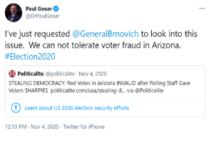 Screenshot des Twitter-Accounts von Paul Gosar mit Profilbild und Text 'Wir können Wahlbetrug in Arizona nicht dulden'.