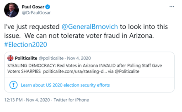Screenshot des Twitter-Accounts von Paul Gosar mit Profilbild und Text 'Wir können Wahlbetrug in Arizona nicht dulden'.