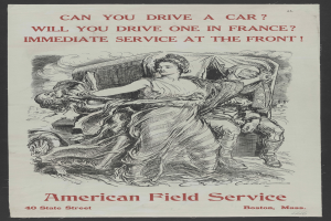 Ein Plakat mit schwarzem Hintergrund, das eine Frau und einen Mann zeigt, mit der Aufschrift "Kannst du ein Auto fahren? Wirst du eines in Frankreich fahren? Sofortdienst an der Front"