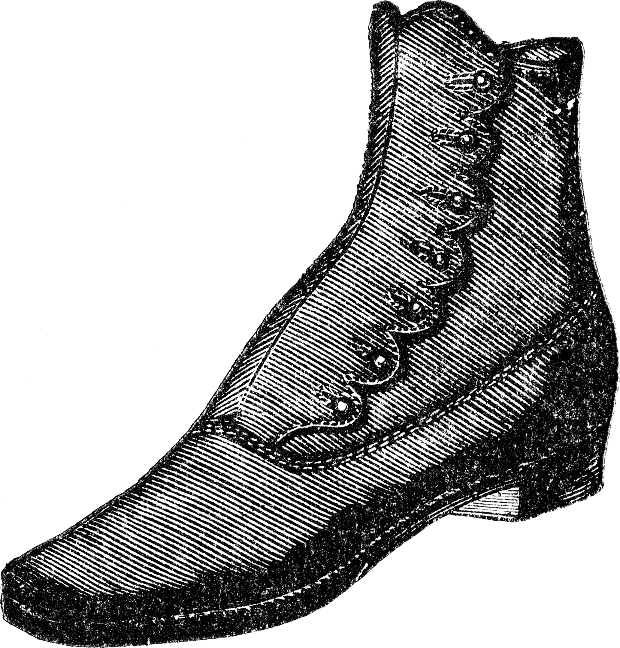 Schwarze und weiße Zeichnung klassischer Stiefel mit detaillierten Schnürsenkeln, gerundeter Zehe, niedriger Absatz und einer ordentlichen Schleife, als ob sie bereit zum Tragen seien.