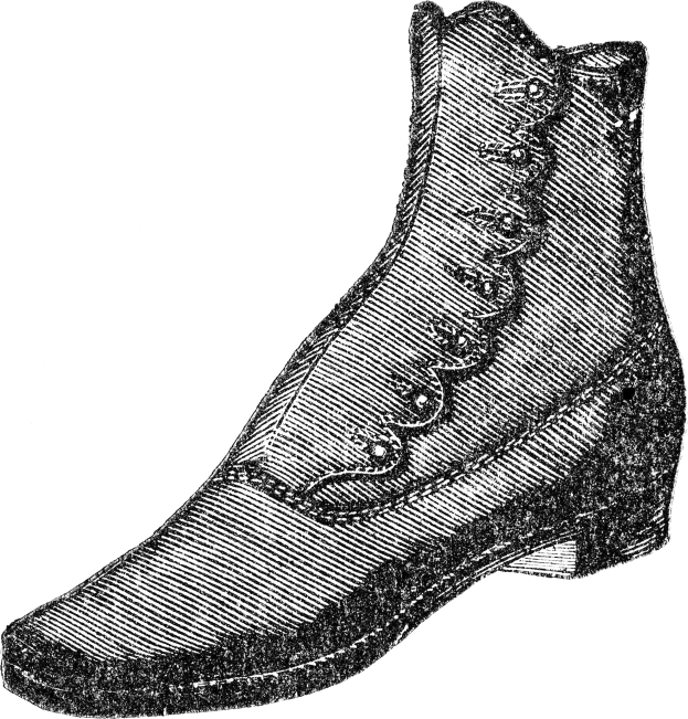 Schwarze und weiße Zeichnung klassischer Stiefel mit detaillierten Schnürsenkeln, gerundeter Zehe, niedriger Absatz und einer ordentlichen Schleife, als ob sie bereit zum Tragen seien.