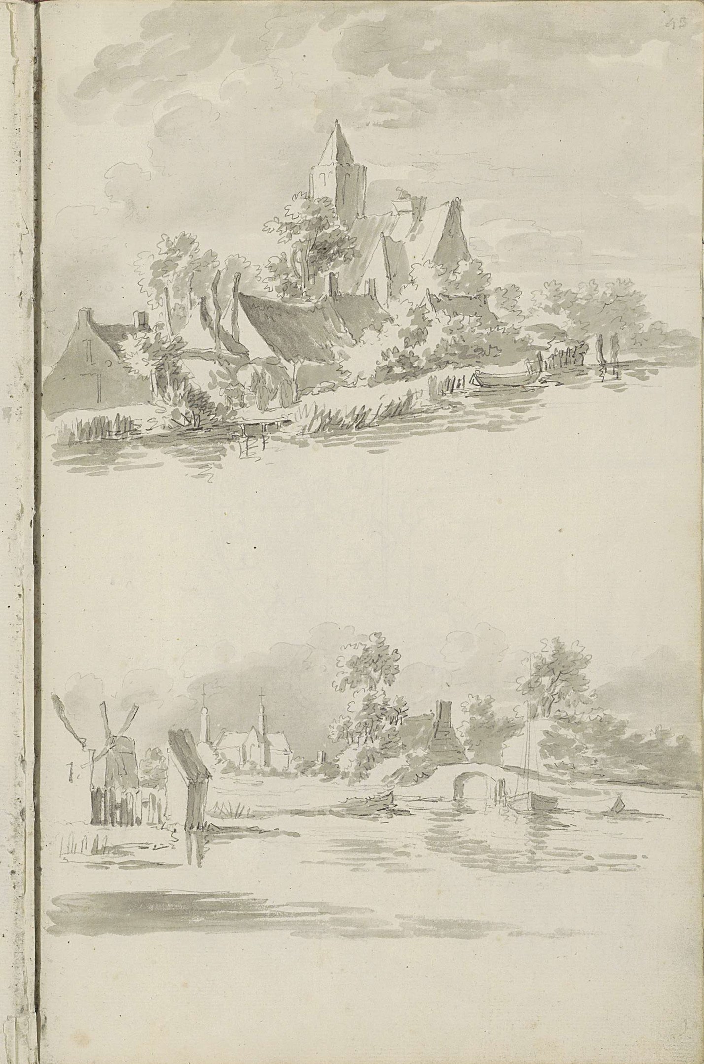 Offenes Buch mit einer Landschaftsillustration, das ein Schloss, Bäume, Häuser, einen Wasserlauf und bewölkte Himmel zeigt.