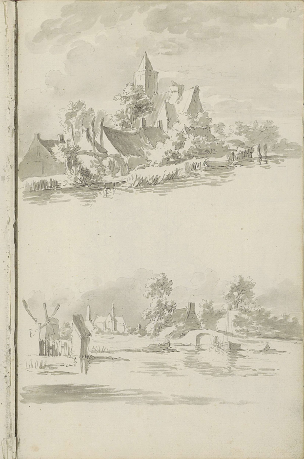 Offenes Buch mit einer Landschaftsillustration, das ein Schloss, Bäume, Häuser, einen Wasserlauf und bewölkte Himmel zeigt.