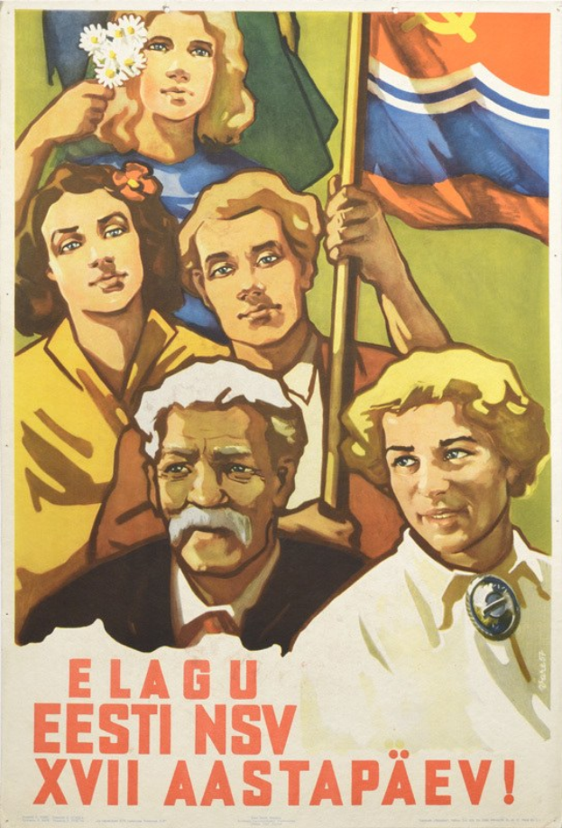 Ein sowjetisches Propagandaplakat, das eine Gruppe von Menschen zeigt, die eine Fahne halten.