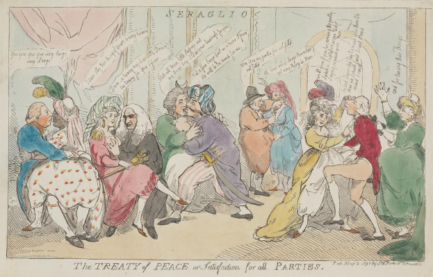 Ein Blatt Papier mit einer Zeichnung einer Gruppe von Menschen, einige sitzen und einige stehen, mit dem Text "Der Friedensvertrag für alle Parteien" darauf.