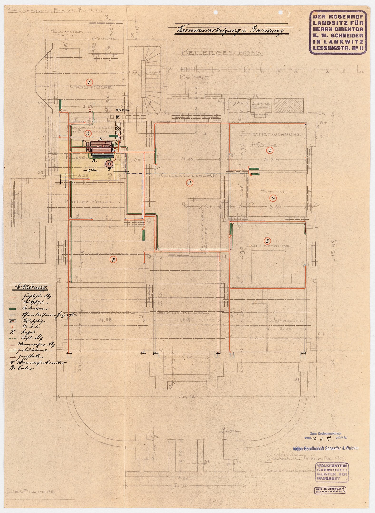 Schwarzes und weißes Architektur-Zeichnung von Rosenhof-Krankenhaus in Hamburg, Deutschland, zeigt detaillierte Planung mit zahlreichen Drähten, die elektrische oder strukturelle Pläne anzeigen, begleitet von handgeschriebenen Textanmerkungen.