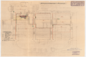 Schwarzes und weißes Architektur-Zeichnung von Rosenhof-Krankenhaus in Hamburg, Deutschland, zeigt detaillierte Planung mit zahlreichen Drähten, die elektrische oder strukturelle Pläne anzeigen, begleitet von handgeschriebenen Textanmerkungen.