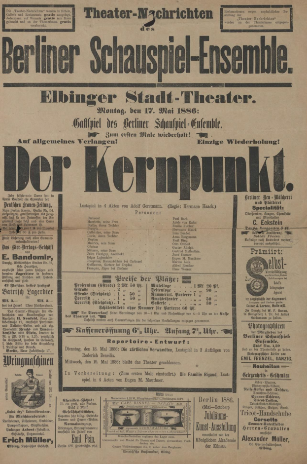 Schwarz-weiß-Anzeige in einer Berliner Zeitung für das Schauspiel-Ensemble mit einem Mann im Anzug.