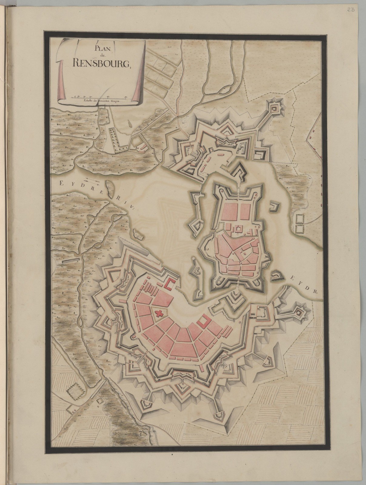 Ein altes Buch mit einer detaillierten Karte von Rensburg, Deutschland, mit Straßen, Gebäuden und Sehenswürdigkeiten, begleitet von Texten über die Bevölkerung, Geschichte und Kultur der Stadt.