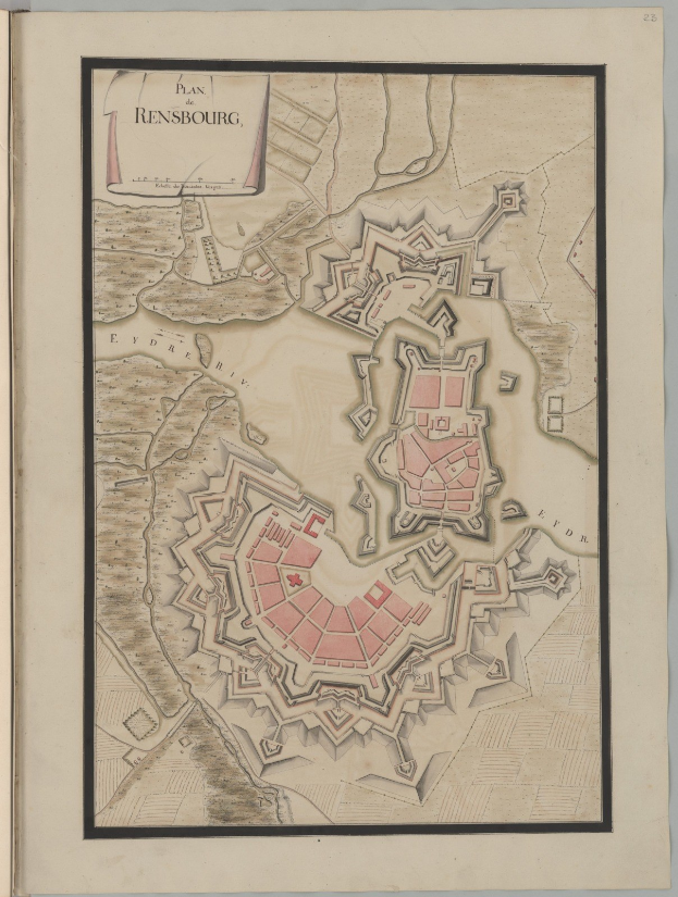 Ein altes Buch mit einer detaillierten Karte von Rensburg, Deutschland, mit Straßen, Gebäuden und Sehenswürdigkeiten, begleitet von Texten über die Bevölkerung, Geschichte und Kultur der Stadt.