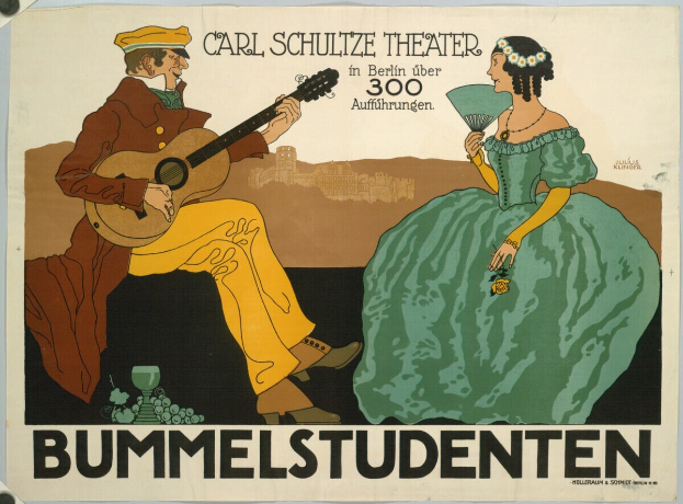 Ein Plakat für ein Konzert im Carl-Schulze-Theater in Berlin, Deutschland, das einen Mann mit einer Gitarre und eine Frau mit einem Fächer zeigt, mit Text auf dem Plakat.