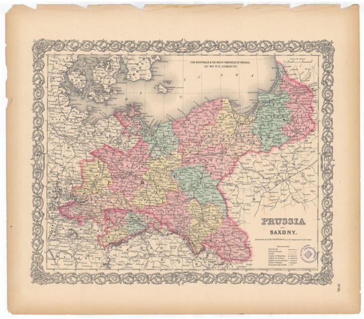 Alte gedruckte Karte der preußischen und sächsischen Provinzen mit sichtbaren Grenzen auf altem Papier.