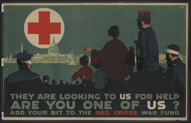Plakat mit einer Gruppe von Menschen vor einem mit einem roten Kreuz markierten Gebäude, das die Zuschauer zur Teilnahme am Roten Kreuz-Kriegsfonds aufruft.