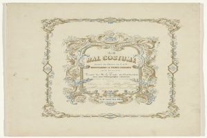 Ein altes Buch mit einem blauen und weißen, detaillierten Design auf dem Cover, das den Text 'Bal Costume' auf einem weißen Hintergrund zeigt.