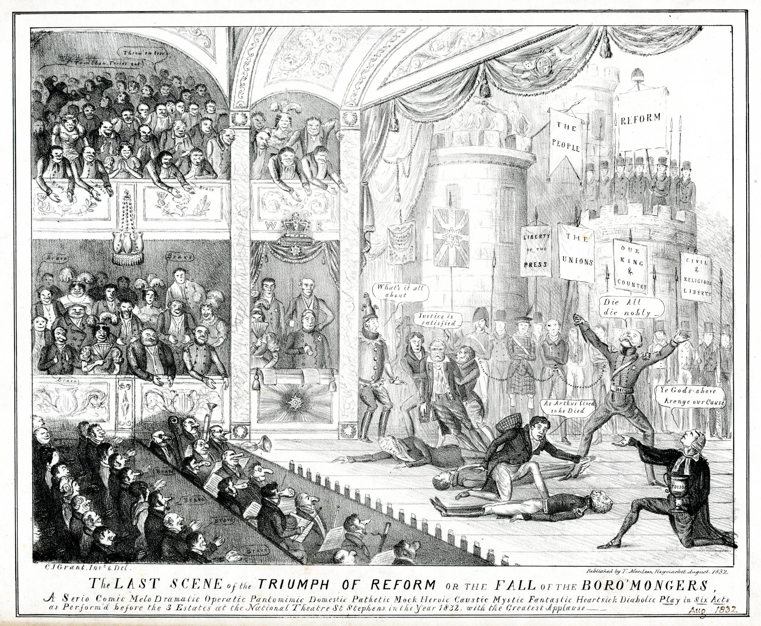 Eine Schwarz-Weiß-Zeichnung einer vollen Theaterkulisse mit stehenden, sitzenden und liegenden Menschen und einer Person auf der rechten Seite, die ein Schild hält, auf dem 'Die letzte Szene des Triumphs der Reform oder der Fall der Boro Mongers' steht.