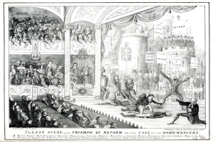 Eine Schwarz-Weiß-Zeichnung einer vollen Theaterkulisse mit stehenden, sitzenden und liegenden Menschen und einer Person auf der rechten Seite, die ein Schild hält, auf dem 'Die letzte Szene des Triumphs der Reform oder der Fall der Boro Mongers' steht.