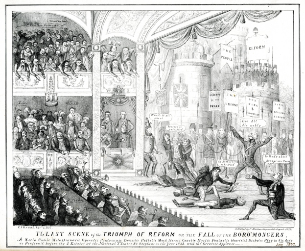 Eine Schwarz-Weiß-Zeichnung einer vollen Theaterkulisse mit stehenden, sitzenden und liegenden Menschen und einer Person auf der rechten Seite, die ein Schild hält, auf dem 'Die letzte Szene des Triumphs der Reform oder der Fall der Boro Mongers' steht.