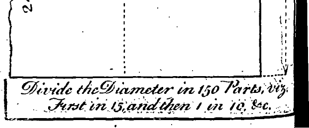 Eine Schwarz-Weiß-Zeichnung eines Papiers mit der Aufschrift "Teile den Durchmesser in 150 Teile".