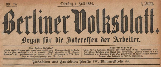 Gelbliches 1884 Berliner Volksblatt-Zeitung mit schwarzer Tinte.
