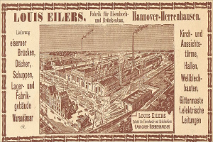 Eine alte Werbung für die Louis Eilers Hannover-Herrenhausen-Fabrik, die ein Fabrikgebäude mit Textüberlagerung zeigt.