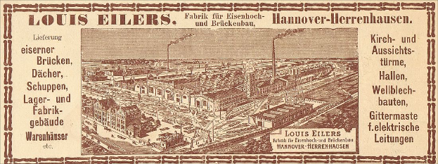 Eine alte Werbung für die Louis Eilers Hannover-Herrenhausen-Fabrik, die ein Fabrikgebäude mit Textüberlagerung zeigt.