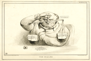 Ein Anwalt im Anzug sitzt an einem Tisch mit einer Waage vor sich und durchsucht Dokumente mit Text und Zahlen.