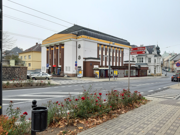 Eine Stadtstraße mit Autos, einer Fußgängerüberführung, Gebäuden, Schildern, einem Müllcontainer, blühenden Pflanzen, trockenen Blättern, Bäumen und einem Himmel im Hintergrund.