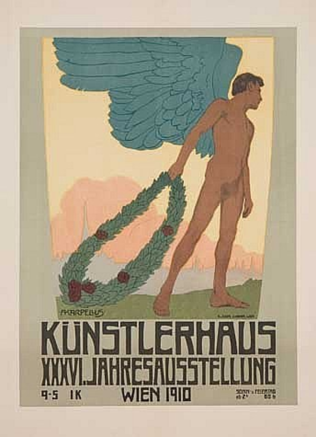 Deutsches Propagandaplakat aus dem Jahr 1910 mit einem geflügelten Mann in heroischer Pose mit einem Kranz, betitelt "Künstlerhaus Wien 1910" in fetter Schrift.