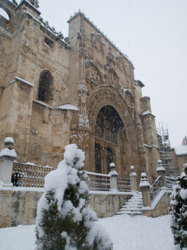 Ein architektonisches Bauwerk mit einer beträchtlichen Menge Schnee davor und eisbedeckten Bäumen.