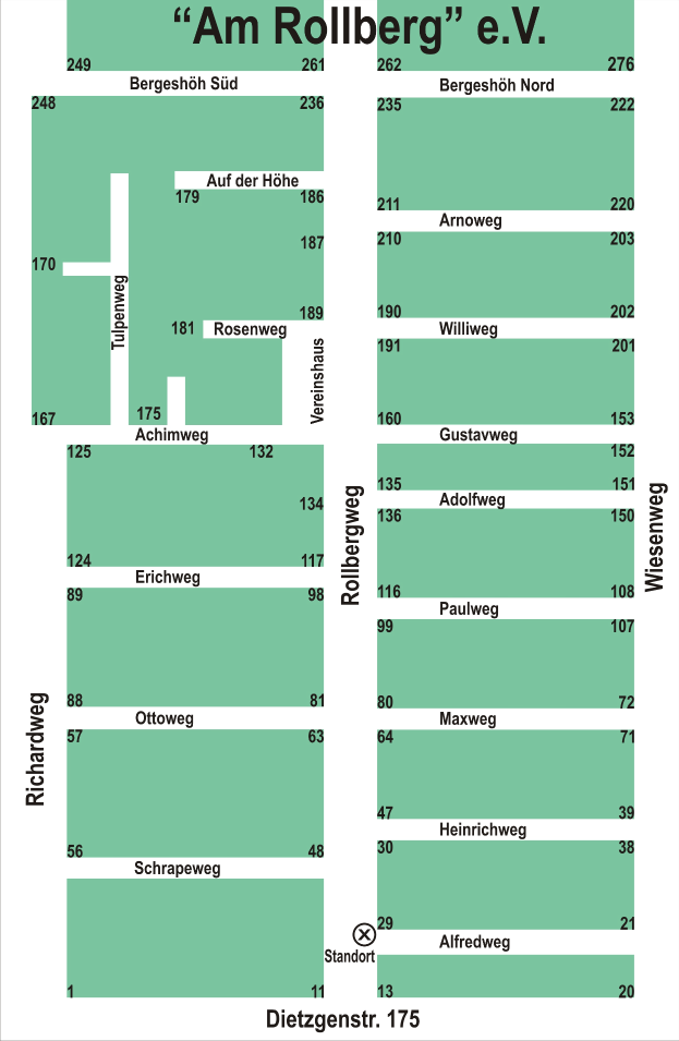 Ein lebendiger Stadtplan von Rollberg, Deutschland, mit einem grünen Hintergrund, fetter Schrift, die "am rollberg e v - dietzgenstr 175" liest, und klar sichtbaren Straßen, Gebäuden und Sehenswürdigkeiten, die in unterschiedliche Bereiche unterteilt sind.