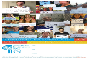 Plakat für die Internationale Bildungswoche 2015, das eine Gruppe von Menschen zeigt, die Schilder mit text halten.