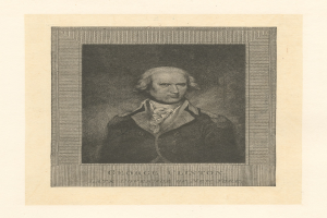 Portrait von George Clinton, dem verstorbenen Gouverneur von New York, in einem Anzug mit ernstem Gesichtsausdruck, der direkt in die Kamera schaut; Text unten lautet 'George Clinton'.