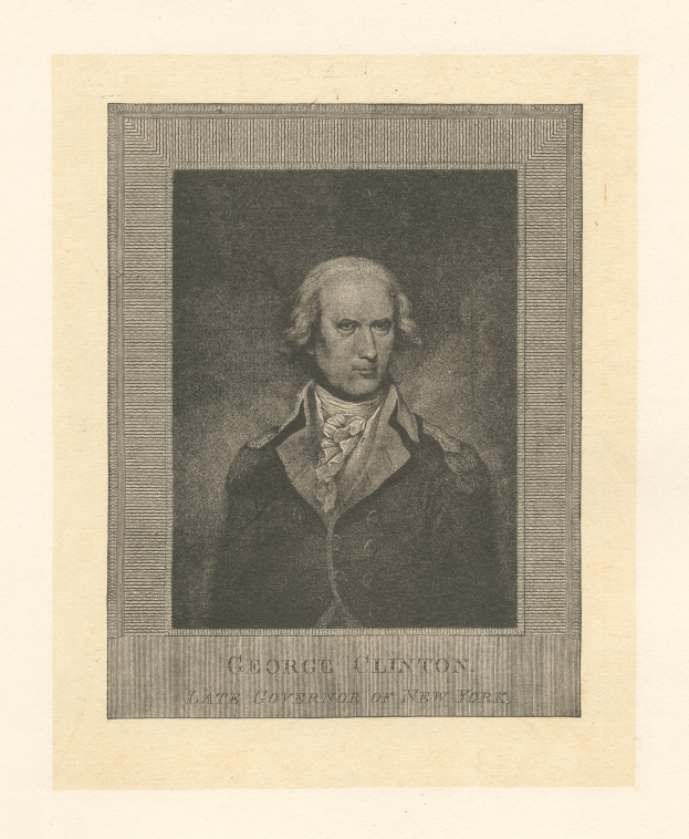 Portrait von George Clinton, dem verstorbenen Gouverneur von New York, in einem Anzug mit ernstem Gesichtsausdruck, der direkt in die Kamera schaut; Text unten lautet 'George Clinton'.