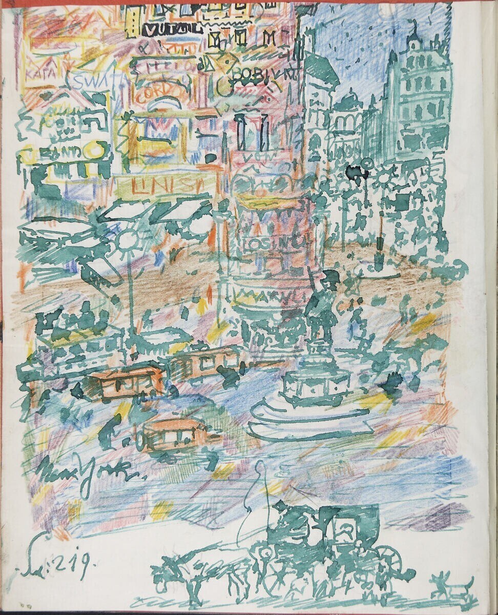 Buchumschlag mit einer detaillierten Illustration einer belebten Stadtlandschaft mit Gebäuden, Fahrzeugen, Menschen und einem Brunnen, neben etwas Text.